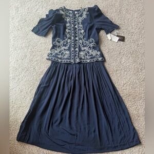 New Karin Stevens Women 12 PetiteVintage 90s Beaded Navy White Dress Embroidered